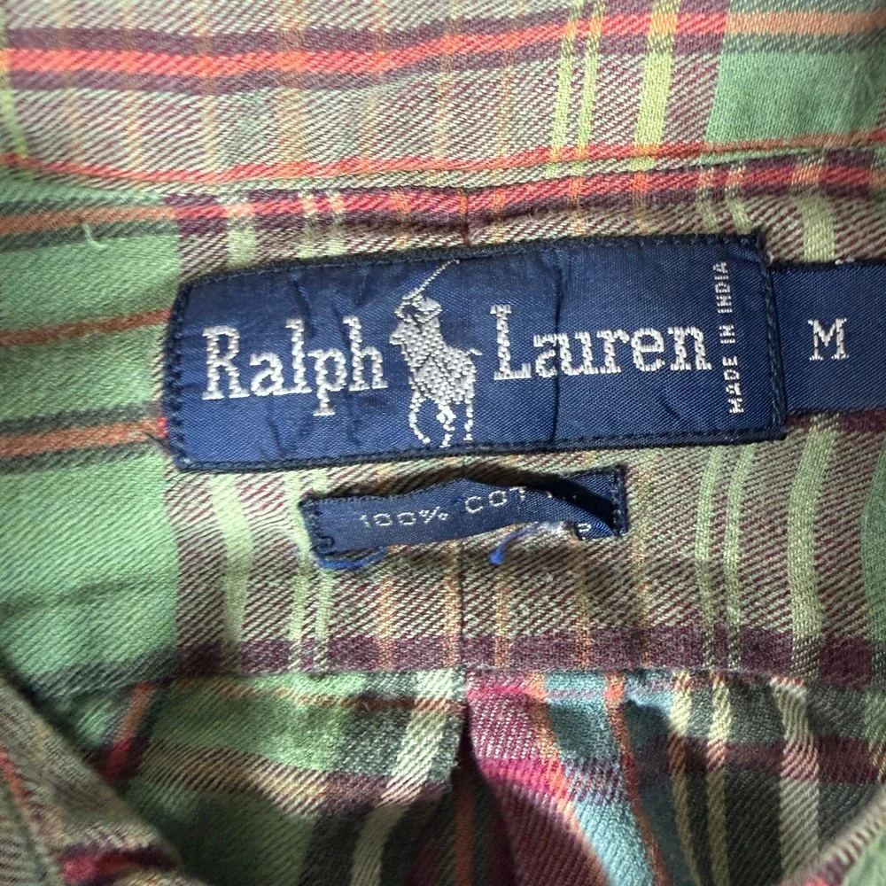 Ralph Lauren Plaid Button Down Mens M Green Burgundy Long Sleeve Cotton Shirt